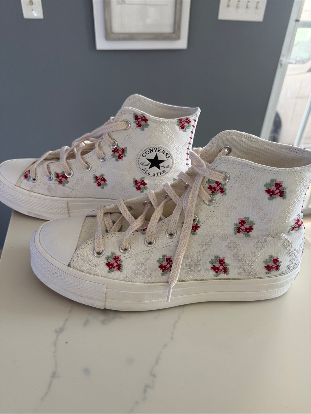 Converse White High Top Sneakers with Red Floral Embroidery